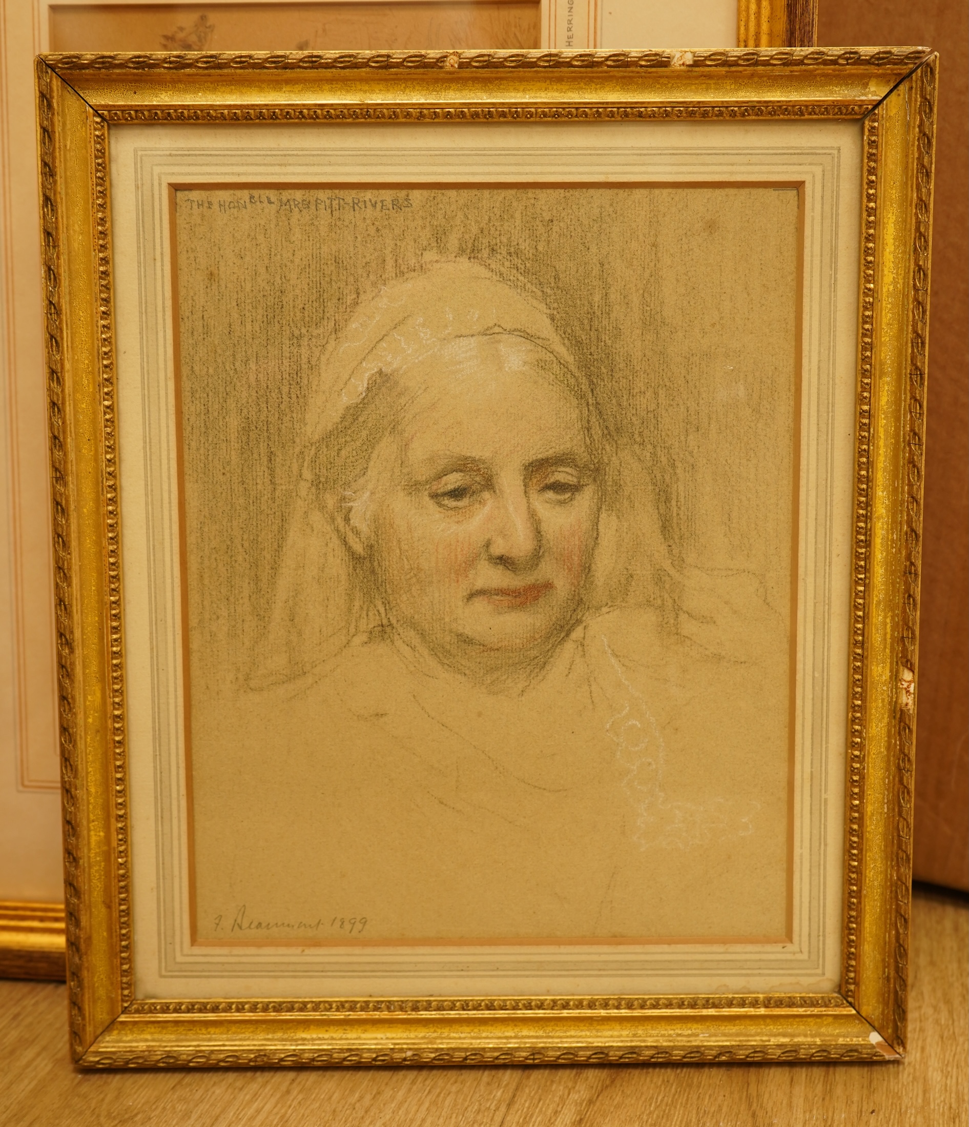Frederick Beaumont (1861-1954), Portrait of The Honourable Mrs Pitt-Rivers, signed, inscribed and dated 1899, pastel, 25 x 20cm